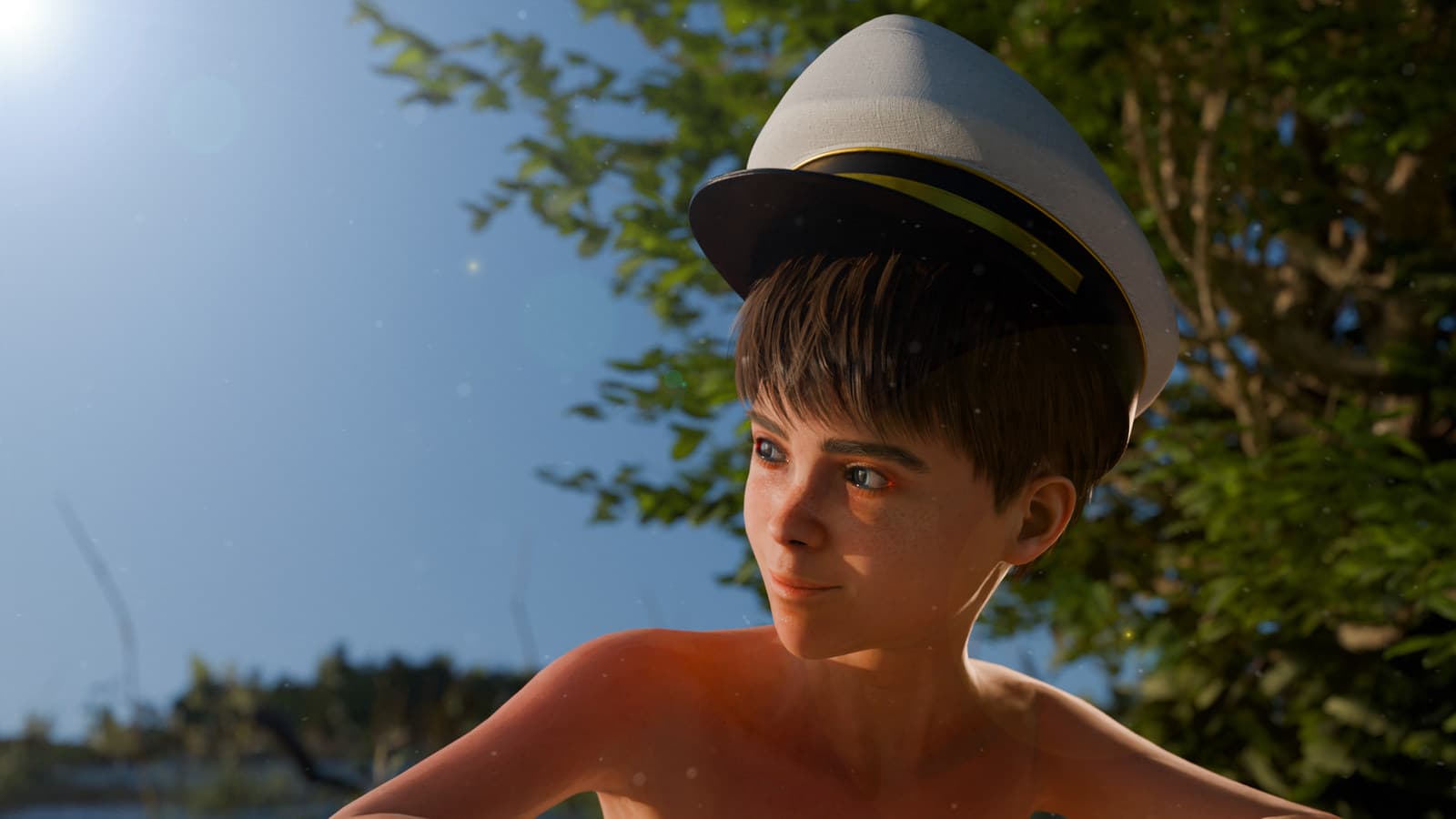 A boy character in a captain's hat