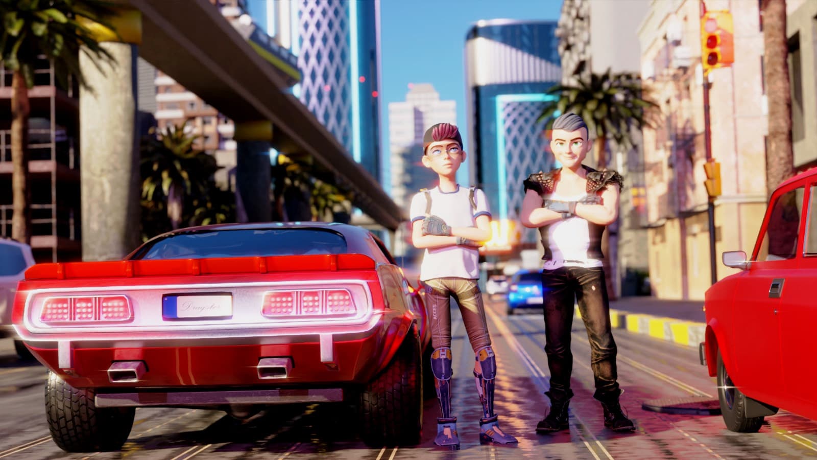 3D characters and a red sports car in a city scene