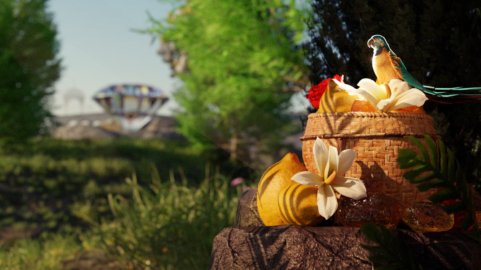 A parrot and a fruit basket in a 3D scene