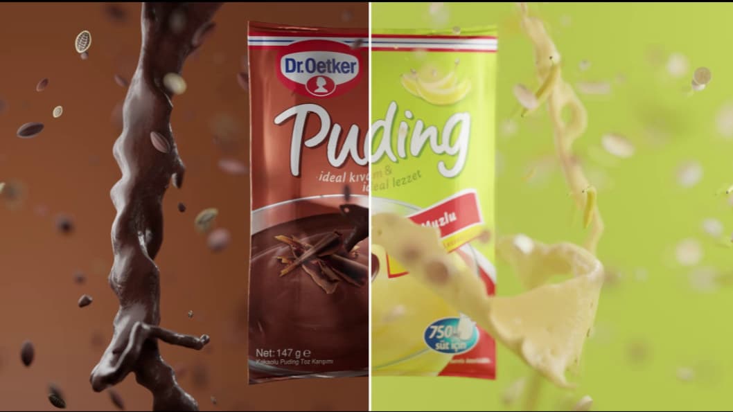Frame from a CGI product film for Dr. Oetker pudding