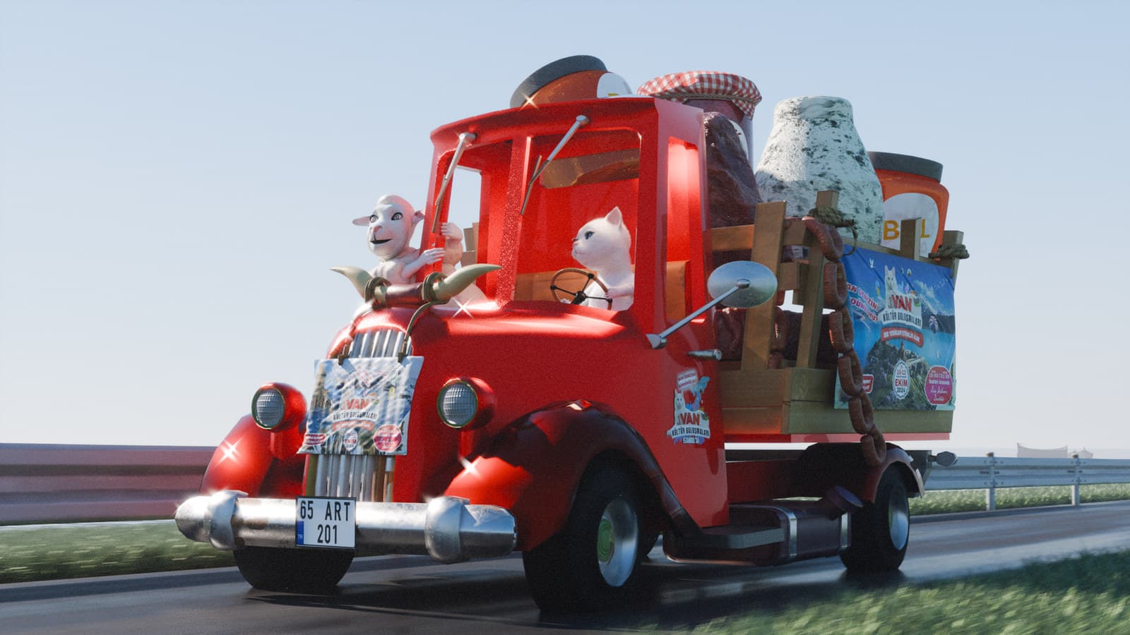 A loaded red truck and cat characters